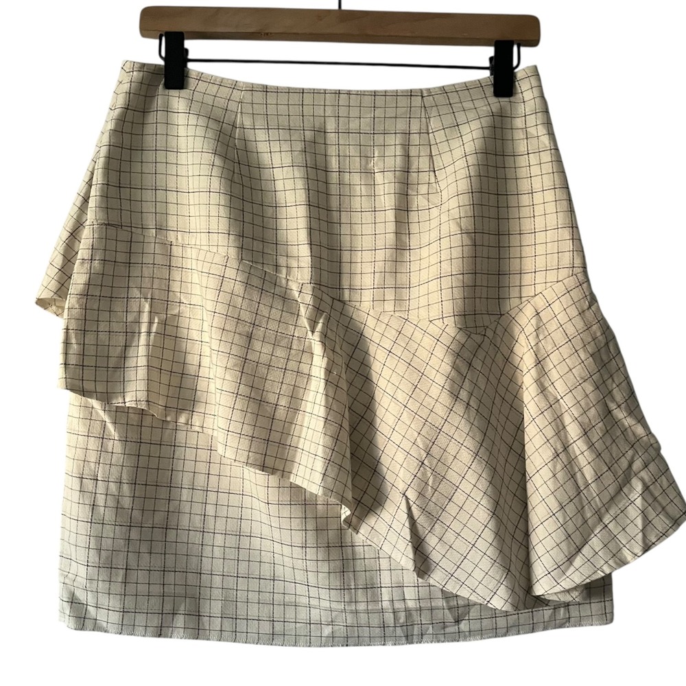 Joie Porcelain Botan Plaid Ruffle Asymmetrical Mini Skirt Size 4 - Picture 3 of 5
